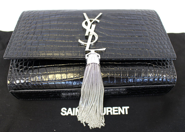 YVES SAINT LAURENT Crocodile Black Leather Silver Chain Clutch Crossbody Bag