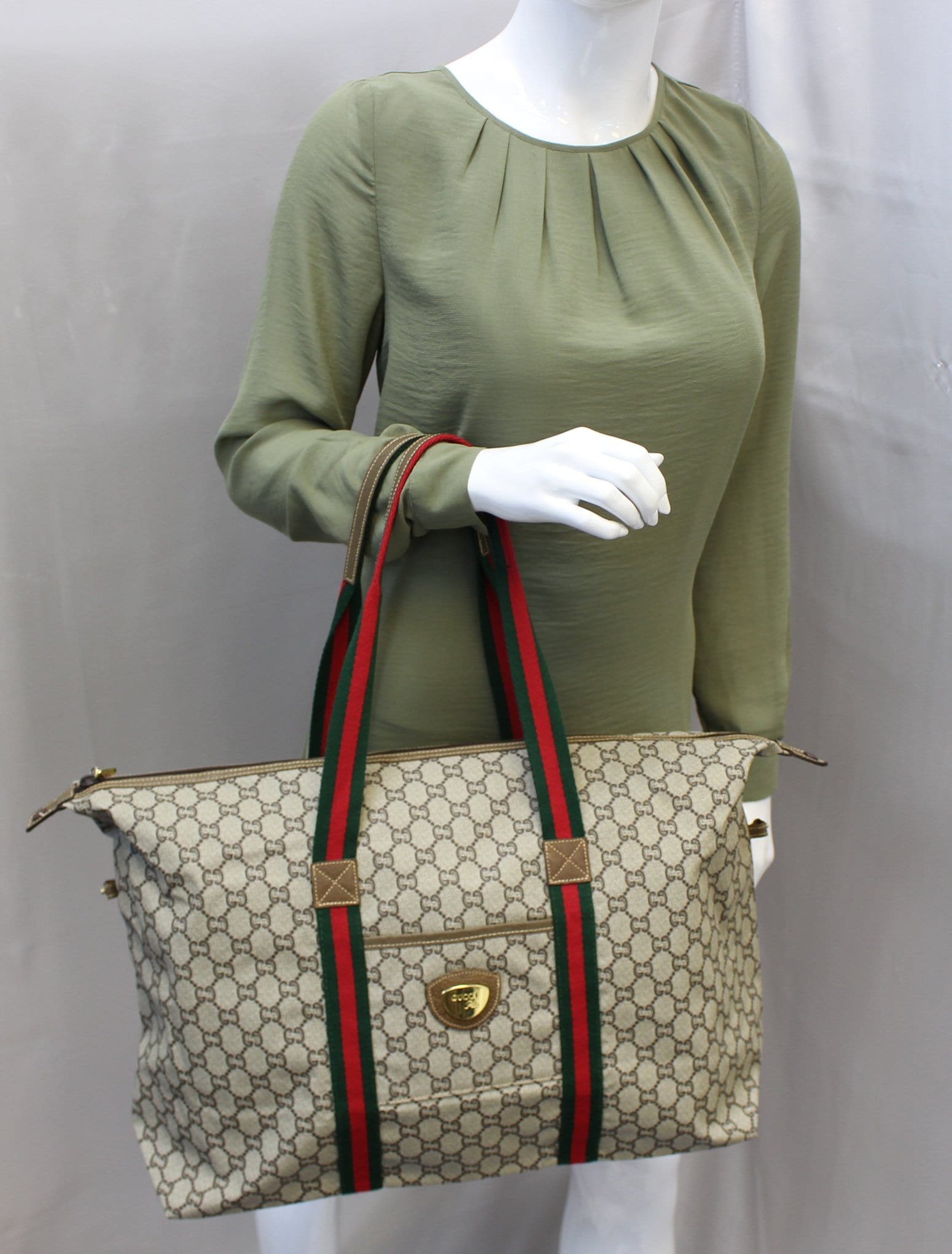 Vintage Gucci Leather Canvas Monogram Duffel Bag Weekender Tote Travel Bag