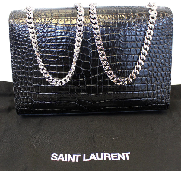 YVES SAINT LAURENT Crocodile Black Leather Silver Chain Clutch Crossbody Bag