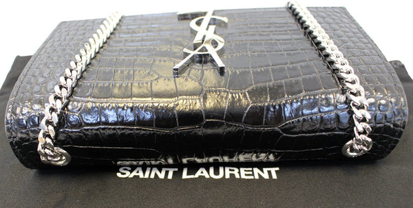 YVES SAINT LAURENT Crocodile Black Leather Silver Chain Clutch Crossbody Bag