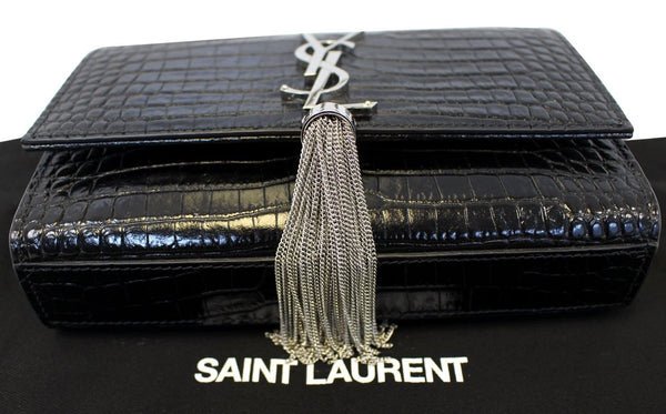 YVES SAINT LAURENT Crocodile Black Leather Silver Chain Clutch Crossbody Bag