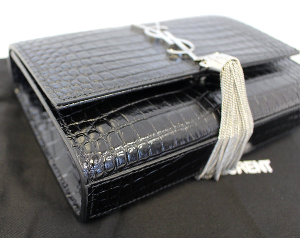 YVES SAINT LAURENT Crocodile Black Leather Silver Chain Clutch Crossbody Bag