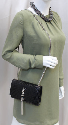 YVES SAINT LAURENT Crocodile Black Leather Silver Chain Clutch Crossbody Bag