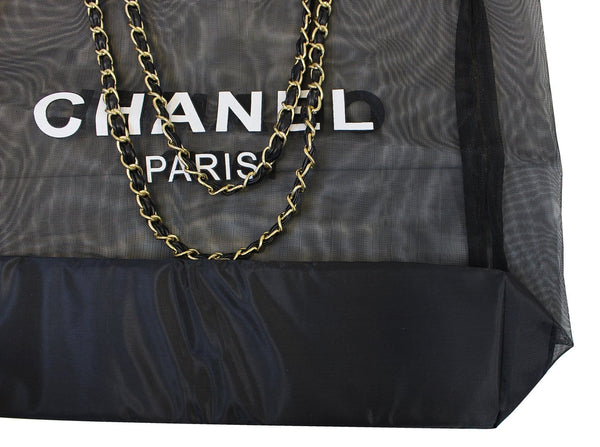 CHANEL Tote Bag - Mesh Black Travel Handbag Gold Chain - sale