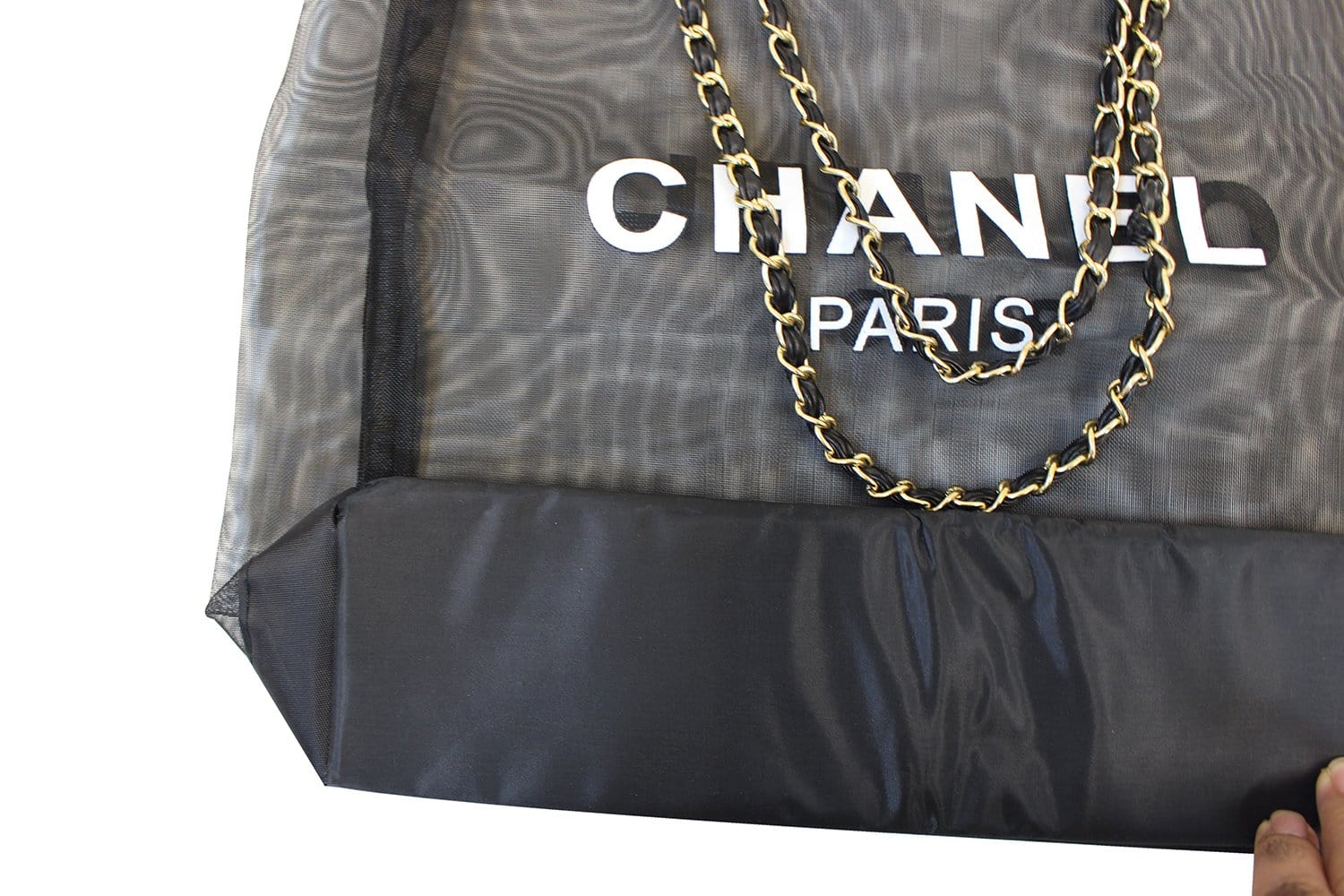 CHANEL Tote Mesh Black Travel Handbag Gold Chain