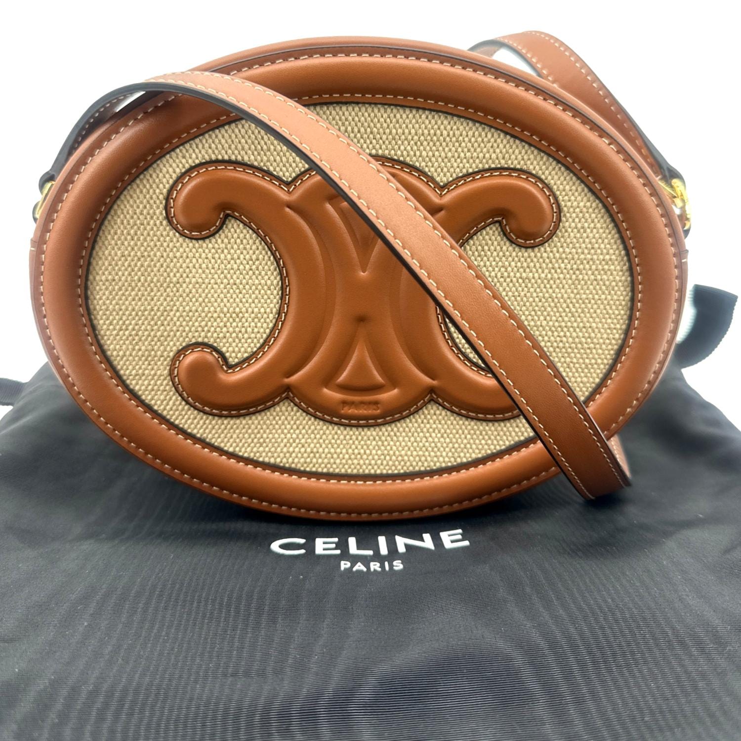 CELINE TRIOMPHE SHOULDER BAG IN TRIOMPHE CANVAS AND CALFSKIN (TAN)