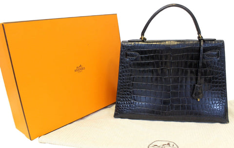 HERMES Kelly Crocodile 32 cm Black with Gold Hardware