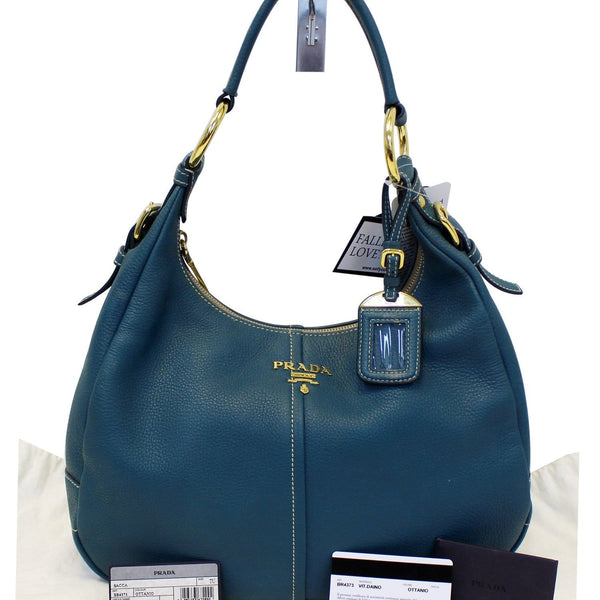 PRADA Sughero Vitello Daino Leather Zip Top Hobo Bag Blue