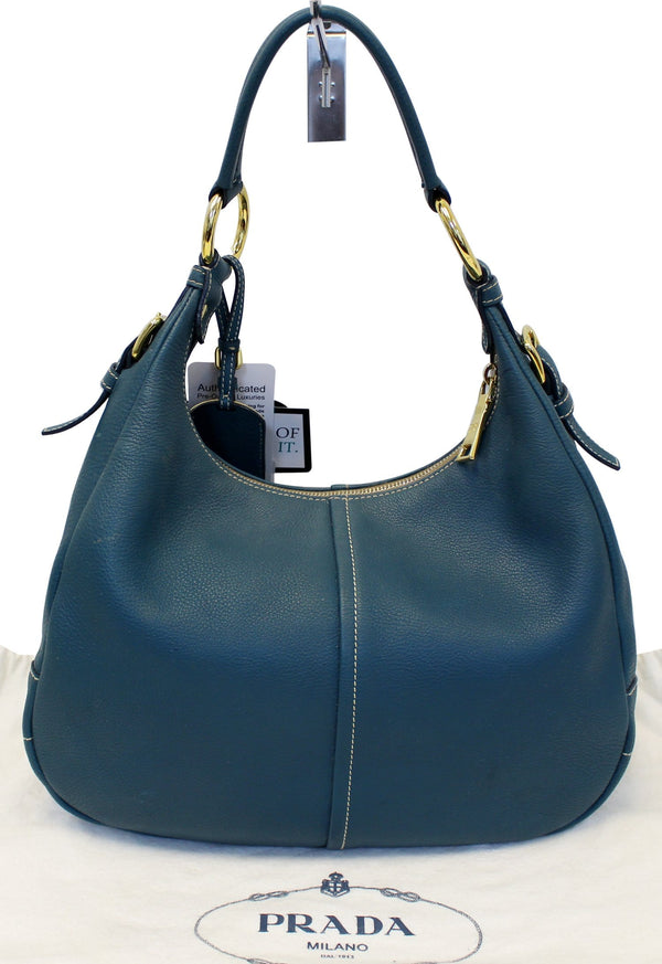 PRADA Sughero Vitello Daino Leather Zip Top Hobo Bag Blue