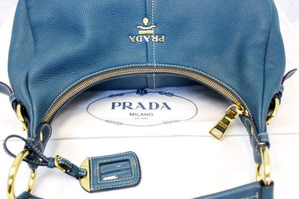 PRADA Sughero Vitello Daino Leather Zip Top Hobo Bag Blue