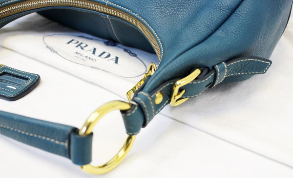 PRADA Sughero Vitello Daino Leather Zip Top Hobo Bag Blue