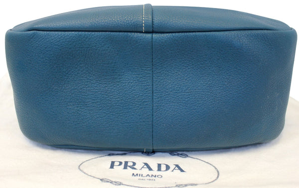 PRADA Sughero Vitello Daino Leather Zip Top Hobo Bag Blue