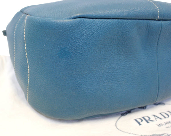 PRADA Sughero Vitello Daino Leather Zip Top Hobo Bag Blue