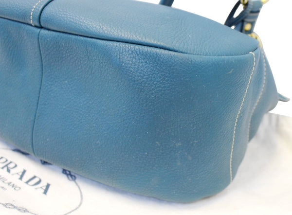 PRADA Sughero Vitello Daino Leather Zip Top Hobo Bag Blue