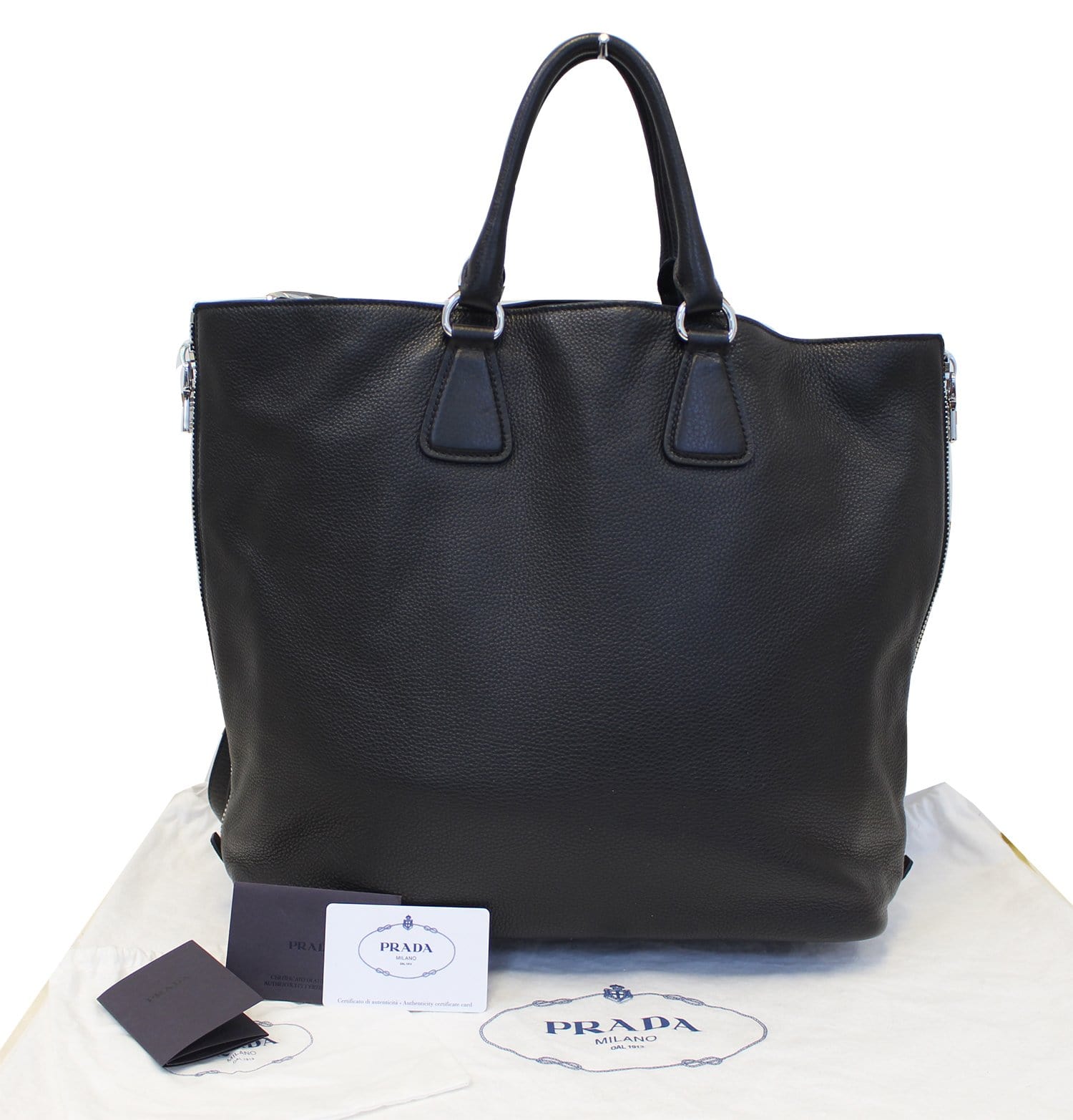 Prada Tote Large Shopping Shoulder Bag Vitello Phenix Black Leather New -  Organic Olivia