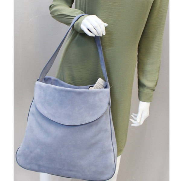 Prada Leather Suede Hobo Bag Sky Blue Daino Flap - mannequin 