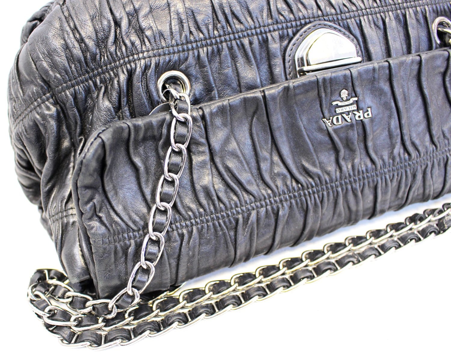 Prada Grey Nappa Leather Ruffle Shoulder Bag Prada