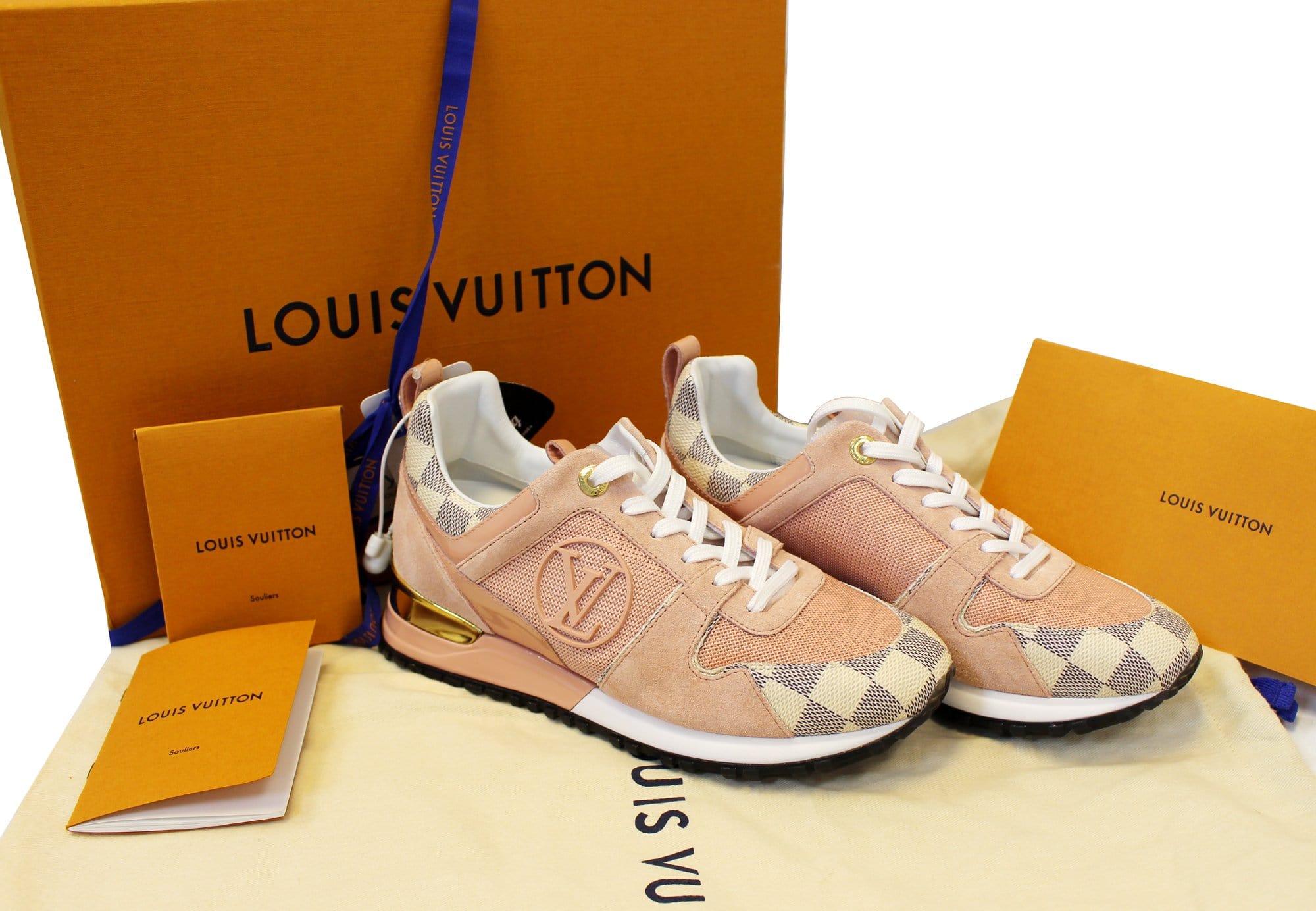 LOUIS VUITTON Suede Damier Azur Run Away Sneakers 35 Pink 1280501