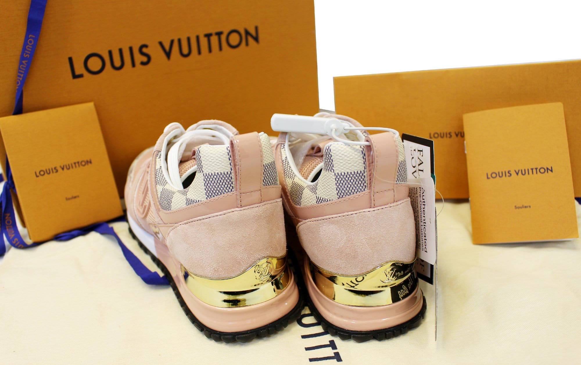 LOUIS VUITTON Mix Materials Suede Calfskin Run 55 Sneakers 36.5 Pink White  Yellow 1237936