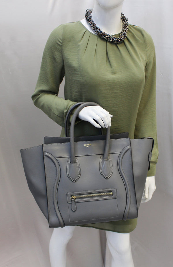 CELINE Grey Calfskin Leather Mini Luggage Tote Bag