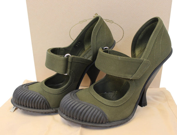 Prada Nos Militare Gabardine Velcro Mary Jane Rubber Cap Toe/Heel Pumps