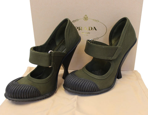 Prada Nos Militare Gabardine Velcro Mary Jane Rubber Cap Toe/Heel Pumps