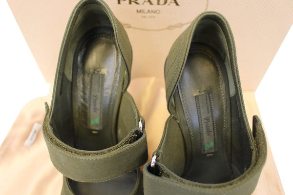 Prada Nos Militare Gabardine Velcro Mary Jane Rubber Cap Toe/Heel Pumps