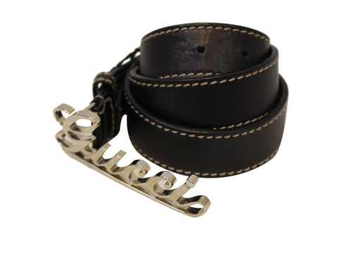 Gucci Black Leather Script Buckle Belt Size 85/34