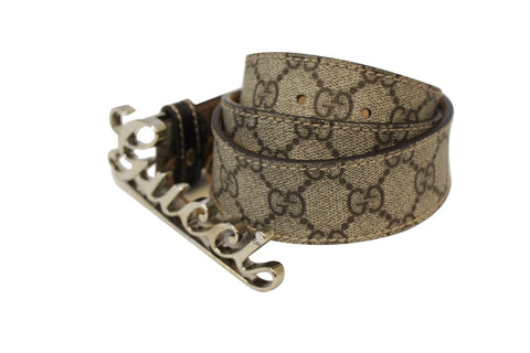 Gucci GG Canvas Beige Script Buckle Belt Size 85/34