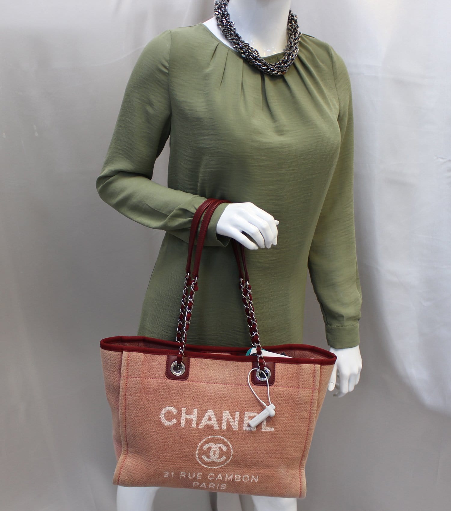 CHANEL Canvas Medium Deauville Tote Red 1279640