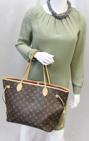 LOUIS VUITTON Monogram Canvas Neverfull MM Brown Tote Bag Fuchsia