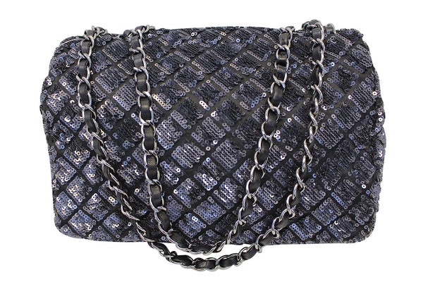 CHANEL Navy Blue/Dark Grey Sequin Flap Shoulder Bag Limited Edition