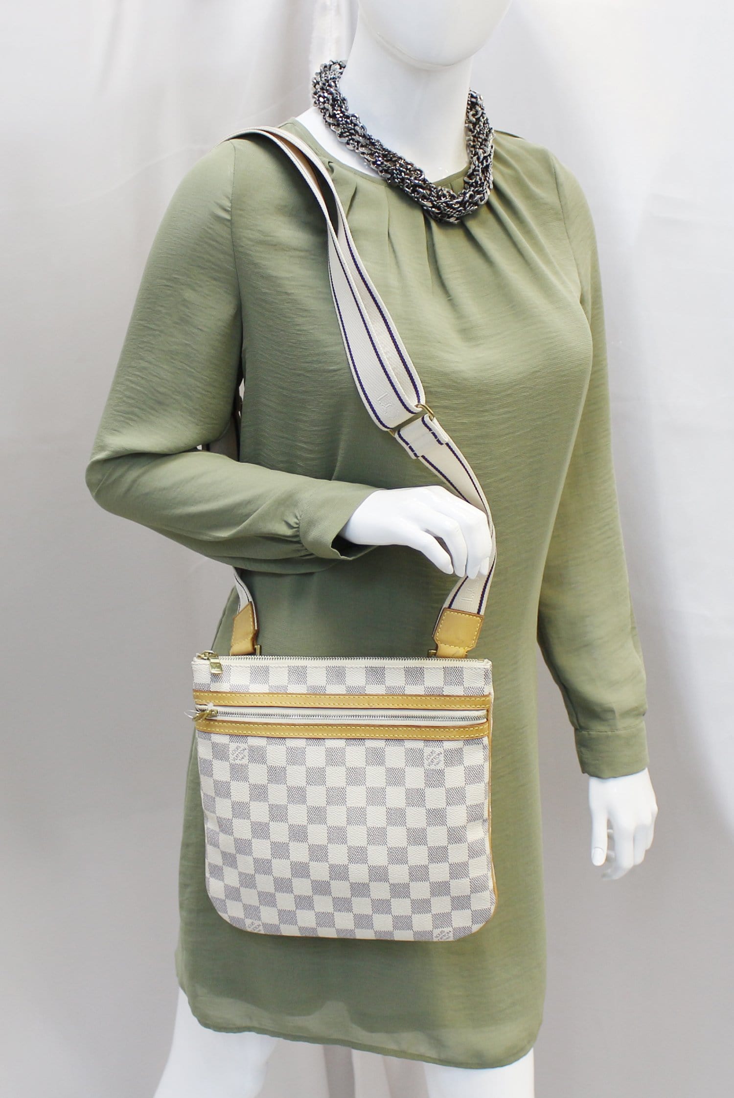 Louis Vuitton White Damier Azur Pochette Bosphore Leather Cloth ref.984988  - Joli Closet