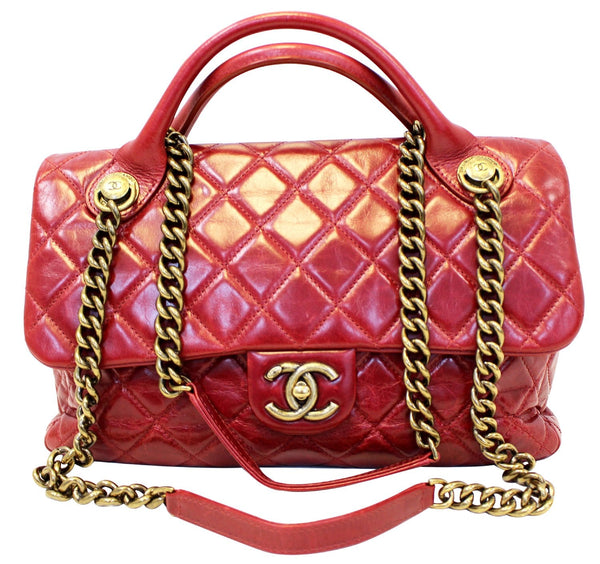 CHANEL Red Quilted Glazed Calfskin Leather Large Castle Rock Top Handle Bag