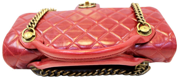 CHANEL Red Quilted Glazed Calfskin Leather Large Castle Rock Top Handle Bag