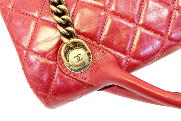 CHANEL Red Quilted Glazed Calfskin Leather Large Castle Rock Top Handle Bag