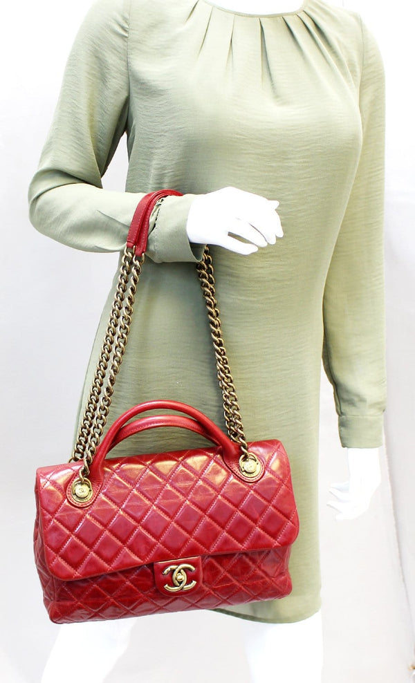 CHANEL Red Quilted Glazed Calfskin Leather Large Castle Rock Top Handle Bag