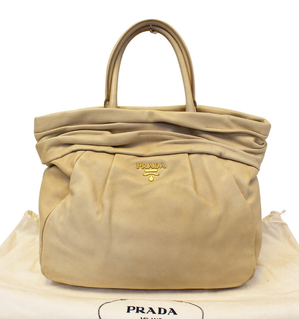 PRADA Nappa Frills Shopping Beige Leather Tote Bag