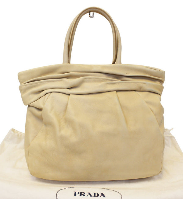 PRADA Nappa Frills Shopping Beige Leather Tote Bag