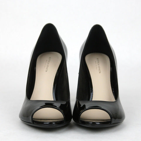 BOTTEGA VENETA Patent Leather Woven Peep Toe Pump Black 9.5 New